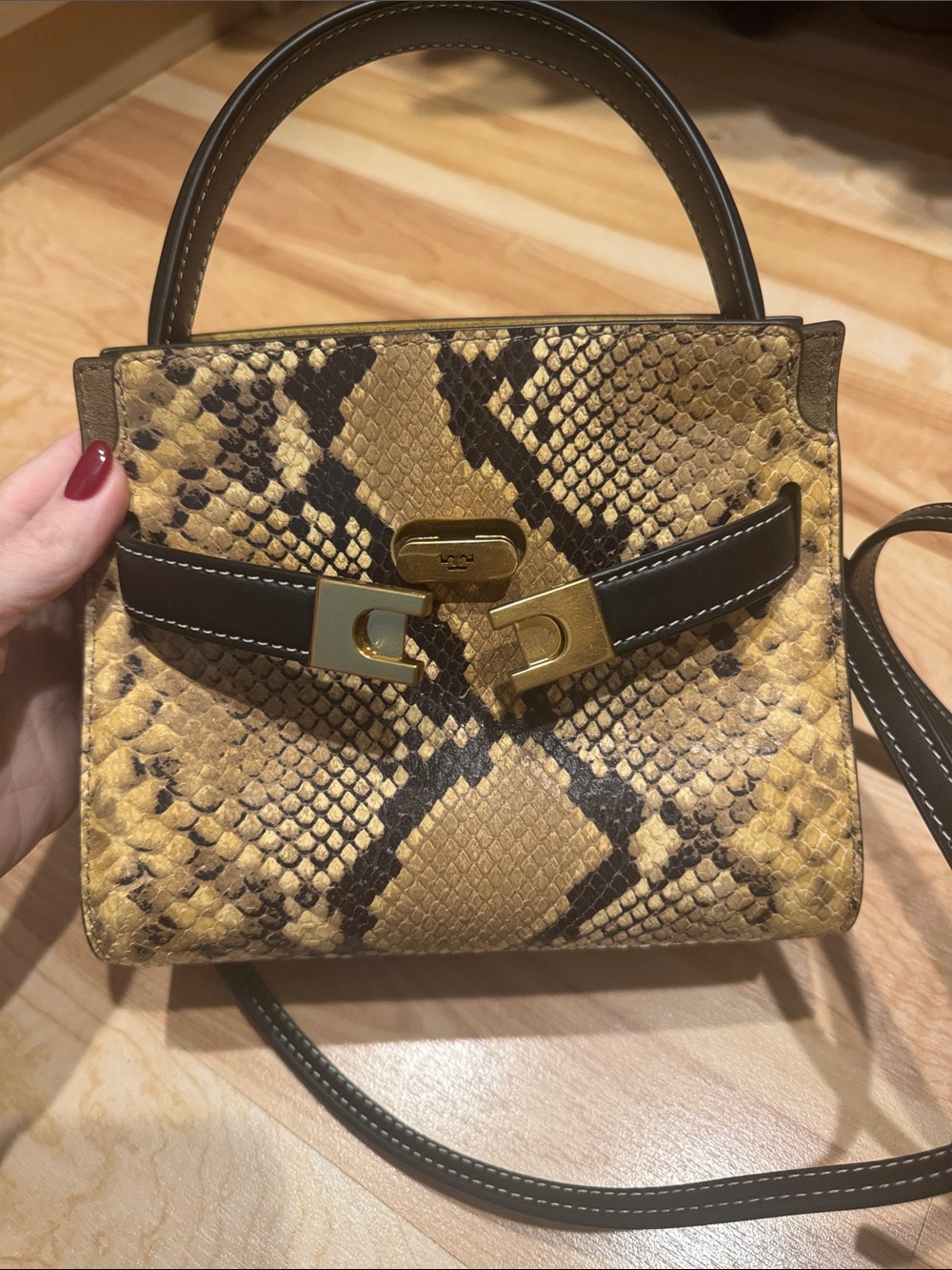 Tory Burch Lee Radziwill Yellow Snake-Print Mini Top Handle Bag with Brown Trim